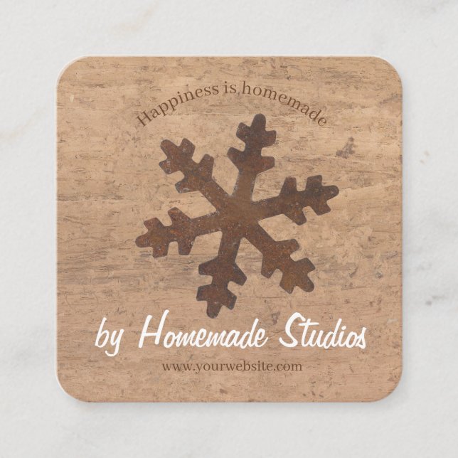 Tarjeta De Visita Cuadrada Artisan Woodgrain Rustic Snowflake 'Homemade'  (Anverso)