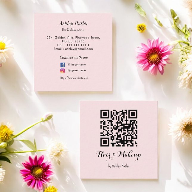 Tarjeta De Visita Cuadrada Artista de belleza de código QR rosa (Subido por el creador)