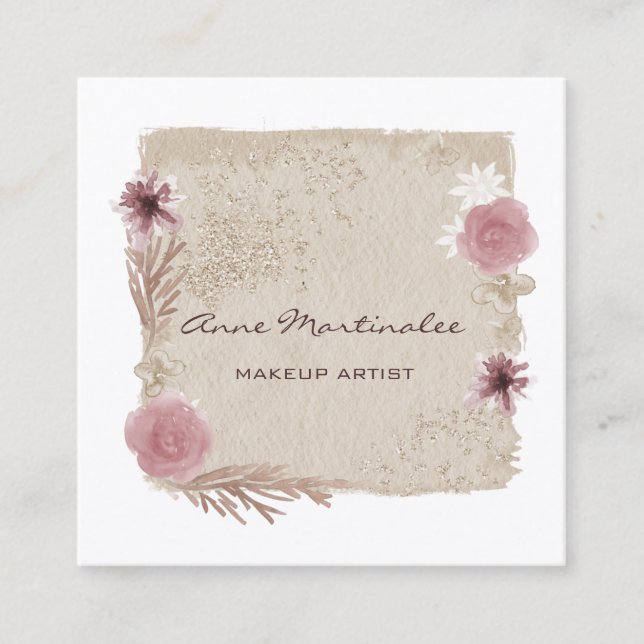 Tarjeta De Visita Cuadrada Artista de maquillaje acuarela Boho Floral (Anverso)