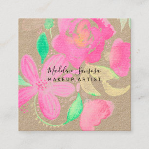 Tarjeta De Visita Cuadrada Artista de Maquillaje Acuarela Botánico Floral Ros