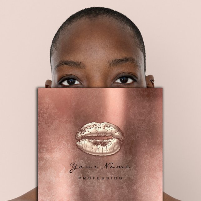 Tarjeta De Visita Cuadrada Artista de maquillaje besó los labios Rosa Grunge  (Makeup Artist Kiss Lips Rose Gold Grunge Square Square Business Card)