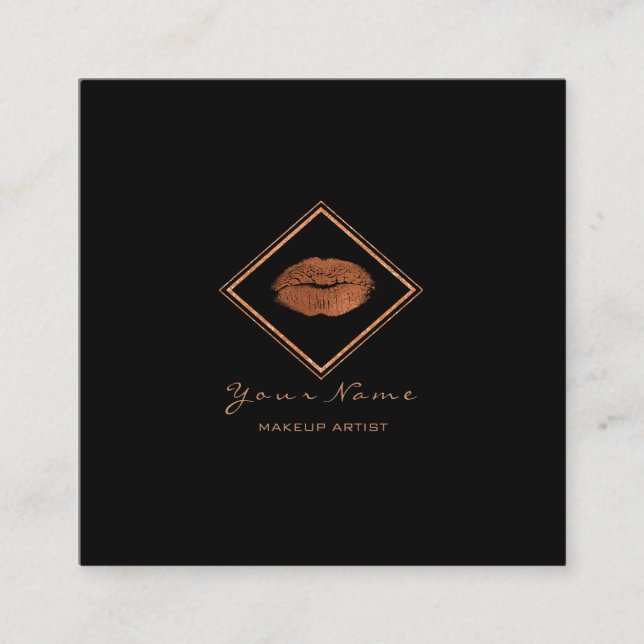 Tarjeta De Visita Cuadrada Artista de maquillaje Black Lips Copper Subió Gold (Anverso)