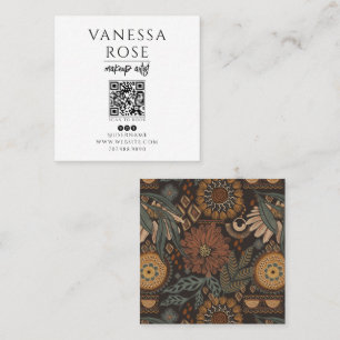 Tarjeta De Visita Cuadrada Artista de Maquillaje Boho Código QR Floral Verde 