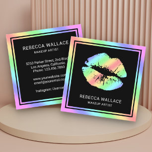Tarjeta De Visita Cuadrada Artista de Maquillaje de Labios Arcoíris Negro Mod