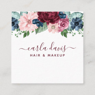 Tarjeta De Visita Cuadrada Artista de Maquillaje Elegante Floral Burgundy y N
