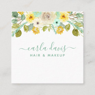 Tarjeta De Visita Cuadrada Artista de Maquillaje Elegante Floral Verde Menta 