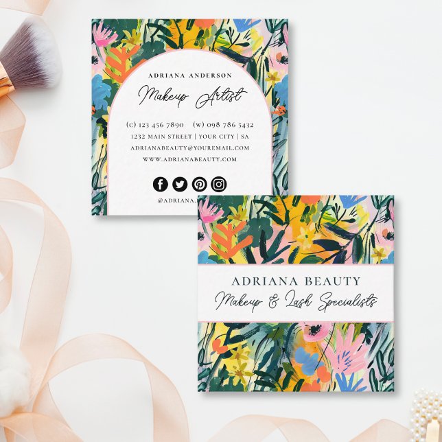 Tarjeta De Visita Cuadrada Artista de maquillaje floral abstracto audaz (Subido por el creador)