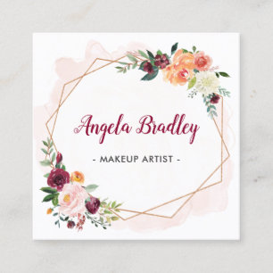 Tarjeta De Visita Cuadrada Artista de maquillaje floral de acuarela moderna y