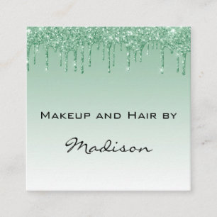 Tarjeta De Visita Cuadrada Artista de Maquillaje Glam Green Dripping Glitter