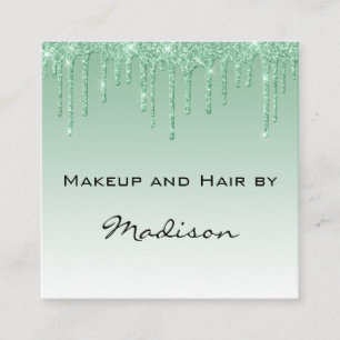 Tarjeta De Visita Cuadrada Artista de Maquillaje Glam Green Dripping Glitter