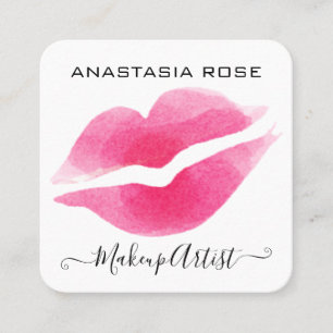 Tarjeta De Visita Cuadrada Artista de Maquillaje Glam White & Pink Lips Kiss