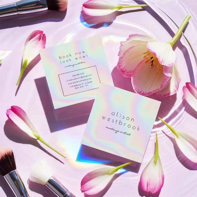 Tarjeta De Visita Cuadrada Artista de maquillaje holográfico moderno arco iri (Modern holographic makeup artist unicorn rainbow)