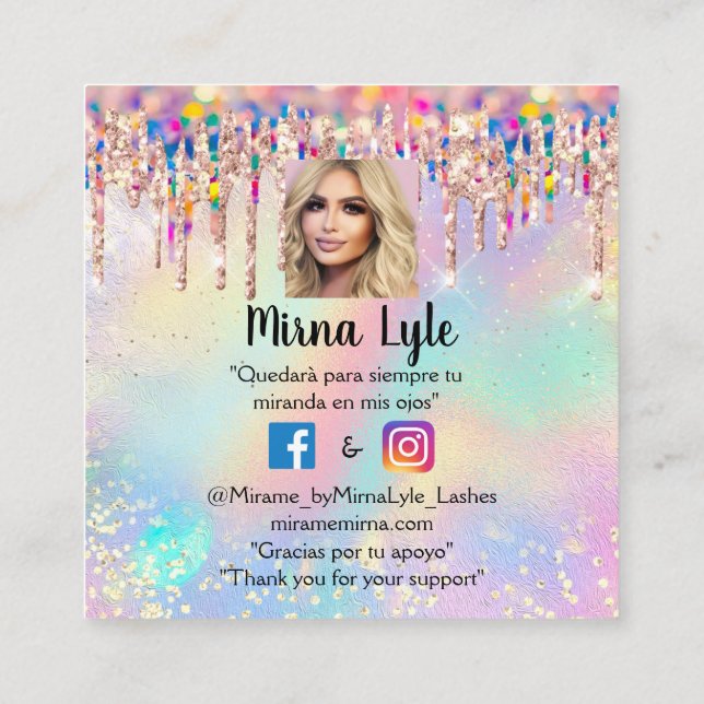 Tarjeta De Visita Cuadrada Artista de maquillaje Lash Studio Holograph Photo  (Reverso)