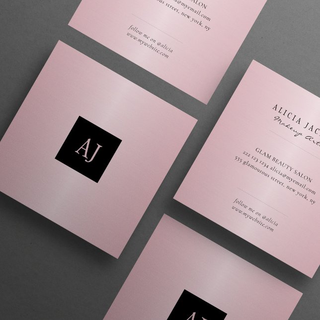 Tarjeta De Visita Cuadrada Artista de maquillaje monogramado rosa Rosegold (Subido por el creador)