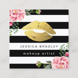 Tarjeta De Visita Cuadrada Artista de maquillaje Oro Lips Floral Bandas Blanc