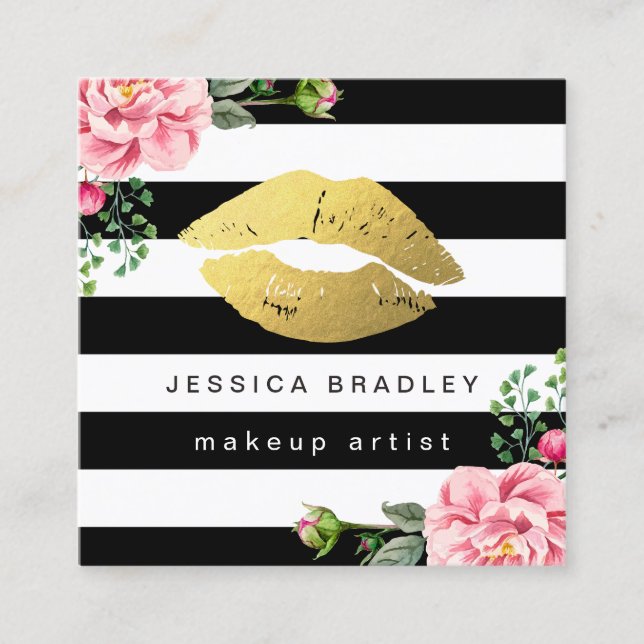 Tarjeta De Visita Cuadrada Artista de maquillaje Oro Lips Floral Bandas Blanc (Anverso)