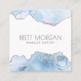 Tarjeta De Visita Cuadrada Artista de maquillaje Purpurina Blue Agate Silver
