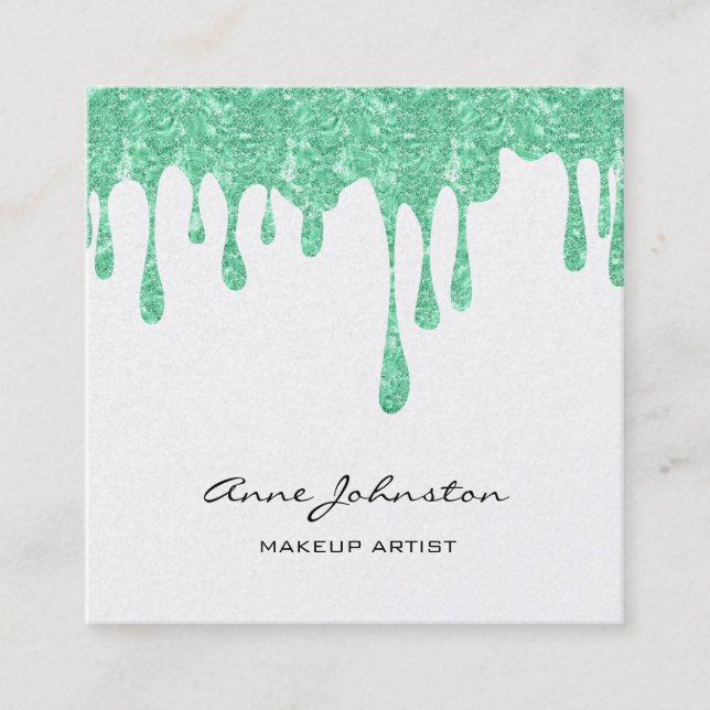 Tarjeta De Visita Cuadrada Artista de maquillaje Purpurina verde y espuma (Anverso)