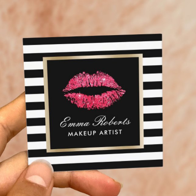 Tarjeta De Visita Cuadrada Artista de maquillaje Rojo Lips Black Stripes mode (Subido por el creador)