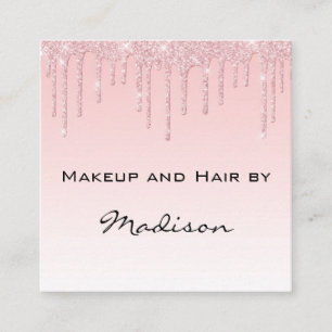 Tarjeta De Visita Cuadrada Artista de Maquillaje Rosa Dorado Glam Glitter Dri