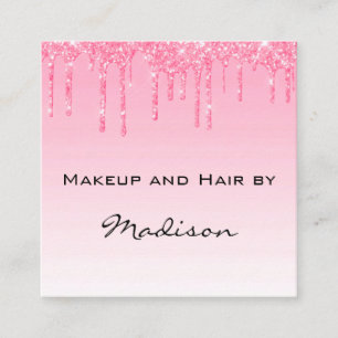 Tarjeta De Visita Cuadrada Artista de Maquillaje Rosa Glam Brillo en Goteo