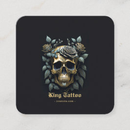 Tarjeta De Visita Cuadrada Artista de tatuaje de cráneo floral de oro minimal
