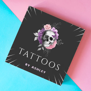 Tarjeta De Visita Cuadrada Artista de tatuajes cráneo floral botánico hojas