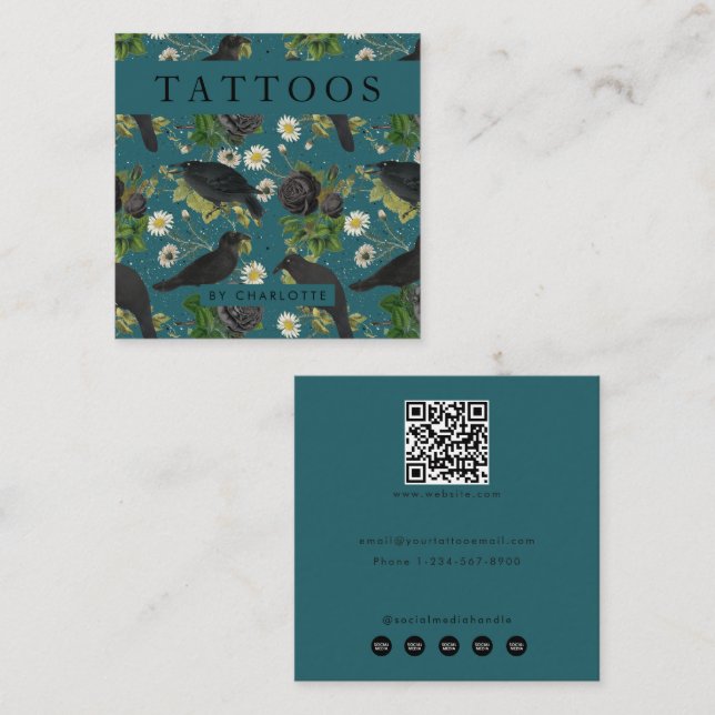Tarjeta De Visita Cuadrada Artista de tatuajes de góticos y Rosas negros (Anverso / Reverso)