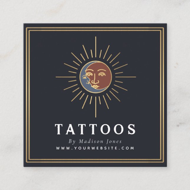 Tarjeta De Visita Cuadrada Artista de tatuajes de peluca Sun y Moon (Anverso)
