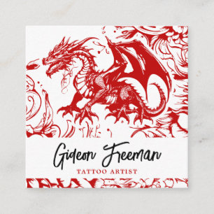 Tarjeta De Visita Cuadrada Artista de tatuajes florales de dragón blanco y ro