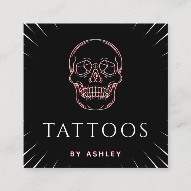 Tarjeta De Visita Cuadrada Artista de tatuajes Neon Skull Cute Mínimos Medios (Anverso)