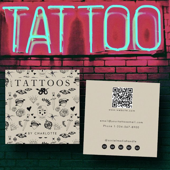 Tarjeta De Visita Cuadrada Artista de tatuajes pekineses Personalizado iconos (Beige Tattoo Artist Custom Social Media Icons Square Business Card)