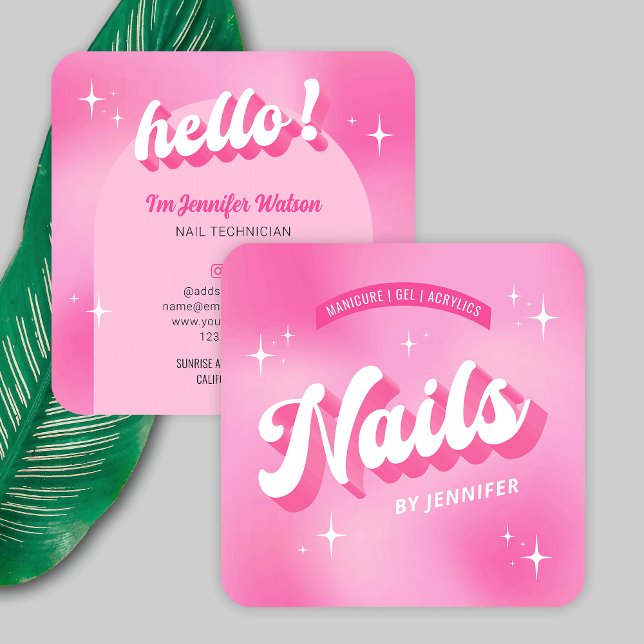 Tarjeta De Visita Cuadrada Artista de uñas de moda Girly Pink Groovy Nails Sa (Modern retro nails artist business cards in girly pink featuring groovy fonts)