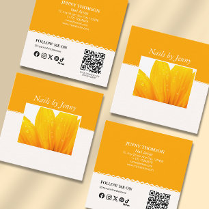 Tarjeta De Visita Cuadrada Artista de uñas floral naranja blanco elegante mod