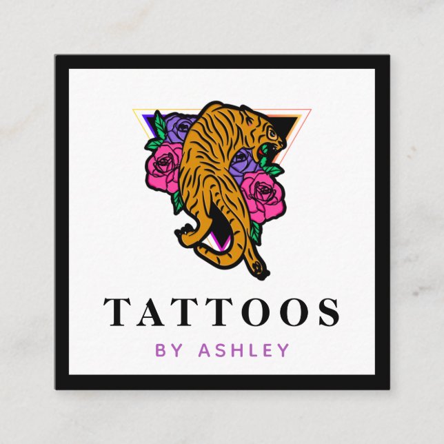 Tarjeta De Visita Cuadrada Artista del tatuaje del Ilustracion del tigre japo (Anverso)