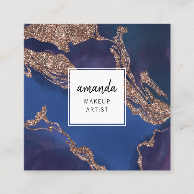 Tarjeta De Visita Cuadrada Artista moderno de maquillaje de mármol azul índig (Anverso)