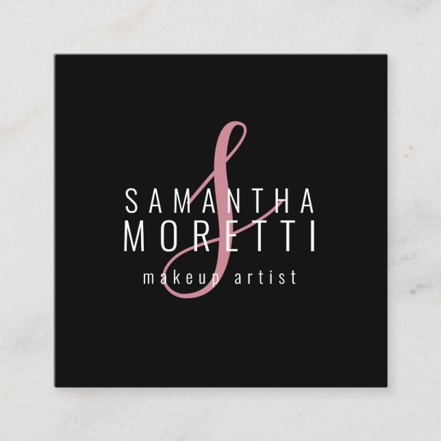 Tarjeta De Visita Cuadrada Artista moderno de maquillaje rosa negro (Anverso)