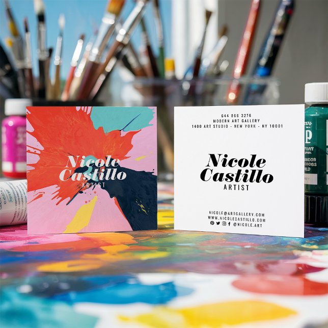 Tarjeta De Visita Cuadrada Artista moderno naranja pintura abstracta minimali (Modern artist orange abstract art paint minimalist)