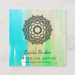 Tarjeta De Visita Cuadrada Artista verde azulado Blue Lotus Moderno Paint Wat
