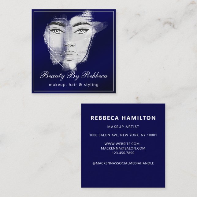 Tarjeta De Visita Cuadrada Atractivo artista retro de maquillaje azul (Anverso / Reverso)