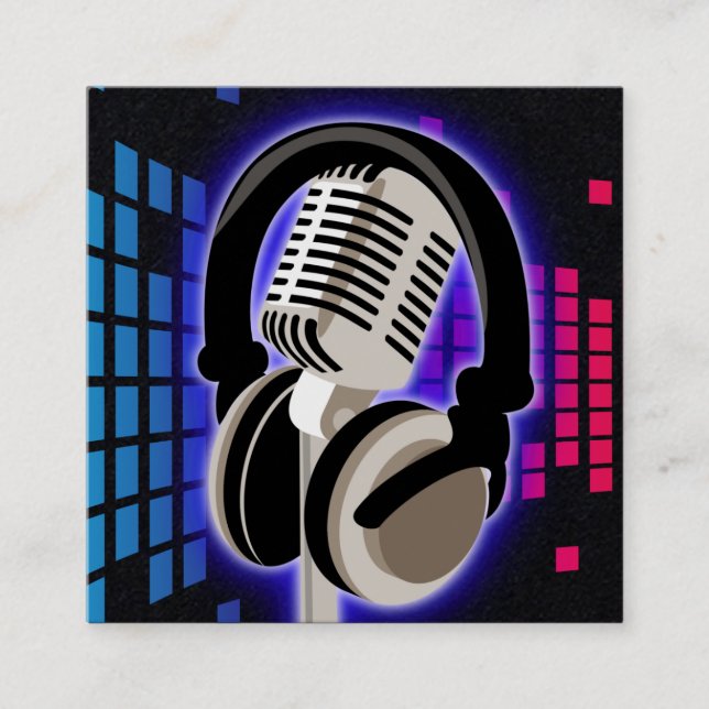 Tarjeta De Visita Cuadrada Auriculares con micrófono brillante Podcast Blue B (Anverso)