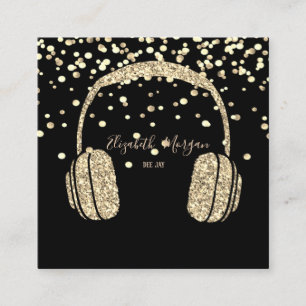 Tarjeta De Visita Cuadrada Auriculares DJ Modernos con Brillo Dorado, Confeti