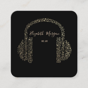 Tarjeta De Visita Cuadrada Auriculares Notas de Música Dorada Elegante DJ