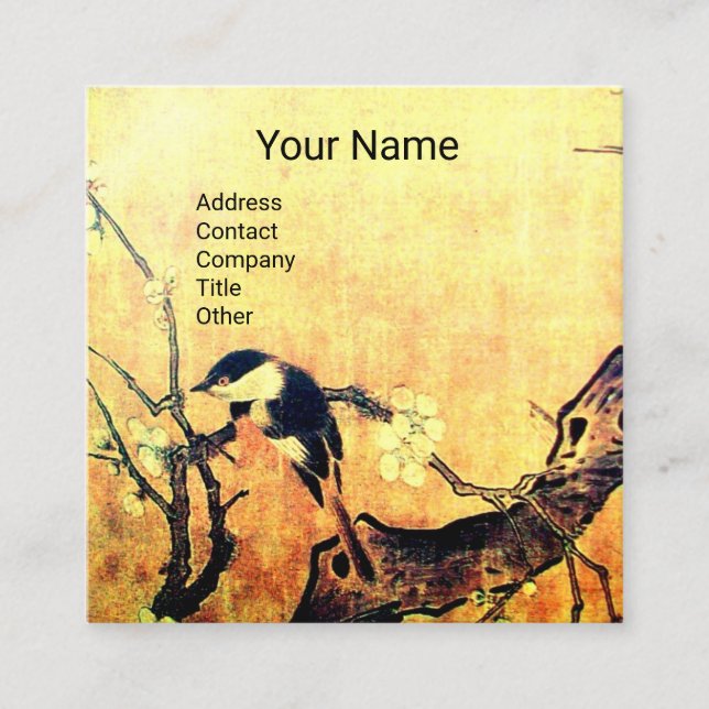 Tarjeta De Visita Cuadrada AVE DE PRIMAVERA Y ÁRBOL DE FLORES MONOGRAMA Marró (Anverso)