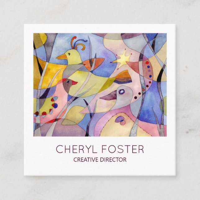 Tarjeta De Visita Cuadrada Aves acuarelas singulares (Anverso)