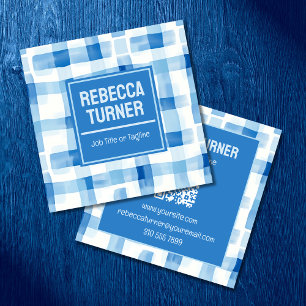 Tarjeta De Visita Cuadrada Azul Clásico y Blanco Gingham Cuadros, Código QR