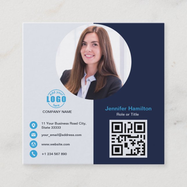 Tarjeta De Visita Cuadrada Azul gris profesional añada tu Squa de código QR f (Anverso)