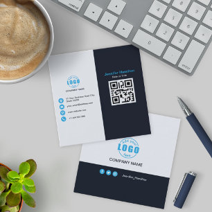 Tarjeta De Visita Cuadrada Azul negro profesional añada su código QR de logot