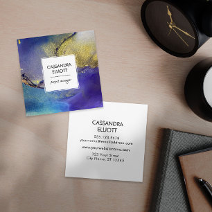 Tarjeta De Visita Cuadrada Azul púrpura y dorado Tinta de Alcohol Arte Líquid