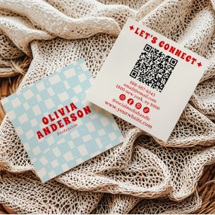 Tarjeta De Visita Cuadrada Azul Retro Negrita Groovy Código QR revisado a la 